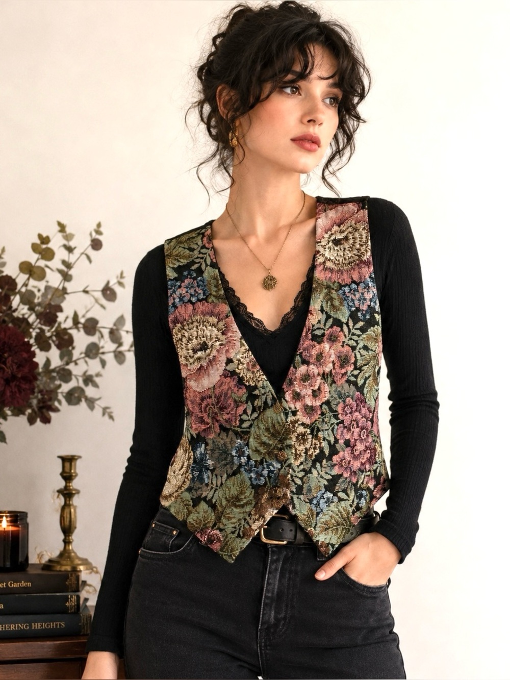 Floral Tapestry Vest Vintage 90s Backroad Blues Romantic Goth S